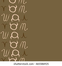 Seamless vertical pattern of zodiac signs, doodles,  object, taurus,aries, scorpios, copy space . Hand drawn.