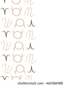 Seamless vertical pattern of zodiac signs, doodles,  object, taurus,aries, scorpios, copy space . Hand drawn.