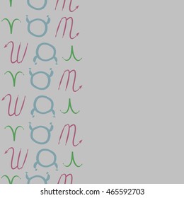 Seamless vertical pattern of zodiac signs, doodles,  object, taurus,aries, scorpios, copy space . Hand drawn.