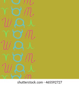 Seamless vertical pattern of zodiac signs, doodles,  object, taurus,aries, scorpios, copy space . Hand drawn.