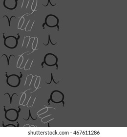 Seamless  vertical pattern of zodiac signs, doodles,  object, taurus,aries, virgo, copy space . Hand drawn.