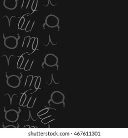 Seamless  vertical pattern of zodiac signs, doodles,  object, taurus,aries, virgo, copy space . Hand drawn.