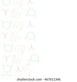 Seamless  vertical pattern of zodiac signs, doodles,  object, taurus,aries, virgo, copy space . Hand drawn.