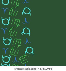 Seamless  vertical pattern of zodiac signs, doodles,  object, taurus,aries, virgo, copy space . Hand drawn.