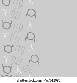 Seamless  vertical pattern of zodiac signs, doodles,  object, taurus,aries, virgo, copy space . Hand drawn.