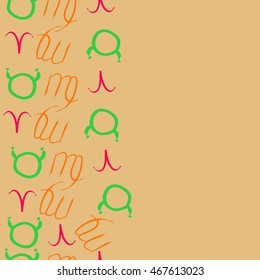 Seamless  vertical pattern of zodiac signs, doodles,  object, taurus,aries, virgo, copy space . Hand drawn.