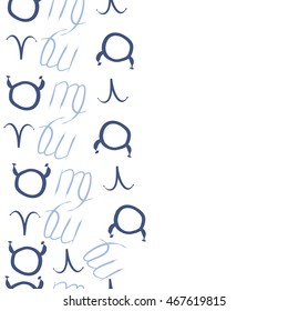Seamless  vertical pattern of zodiac signs, doodles,  object, taurus,aries, virgo, copy space . Hand drawn.
