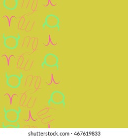 Seamless  vertical pattern of zodiac signs, doodles,  object, taurus,aries, virgo, copy space . Hand drawn.