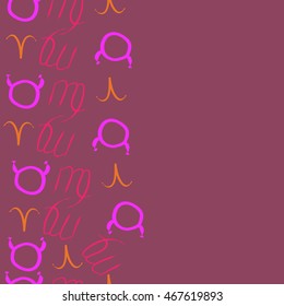 Seamless  vertical pattern of zodiac signs, doodles,  object, taurus,aries, virgo, copy space . Hand drawn.