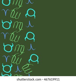 Seamless  vertical pattern of zodiac signs, doodles,  object, taurus,aries, virgo, copy space . Hand drawn.