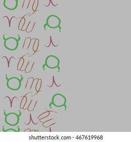 Seamless  vertical pattern of zodiac signs, doodles,  object, taurus,aries, virgo, copy space . Hand drawn.