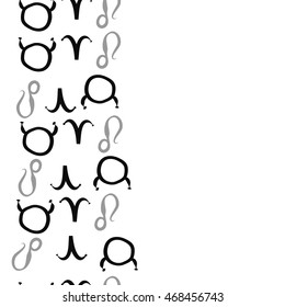 Seamless  vertical pattern of zodiac signs, doodles,  object, taurus,aries, lions, copy space . Hand drawn.