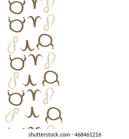 Seamless  vertical pattern of zodiac signs, doodles,  object, taurus,aries, lions, copy space . Hand drawn.
