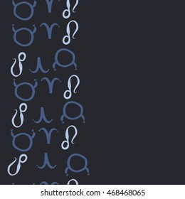 Seamless  vertical pattern of zodiac signs, doodles,  object, taurus,aries, lions, copy space . Hand drawn.