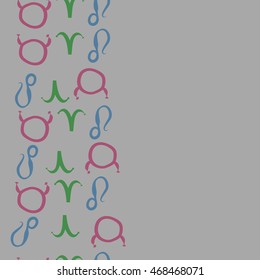 Seamless  vertical pattern of zodiac signs, doodles,  object, taurus,aries, lions, copy space . Hand drawn.
