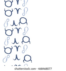 Seamless  vertical pattern of zodiac signs, doodles,  object, taurus,aries, lions, copy space . Hand drawn.