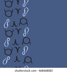 Seamless  vertical pattern of zodiac signs, doodles,  object, taurus,aries, lions, copy space . Hand drawn.