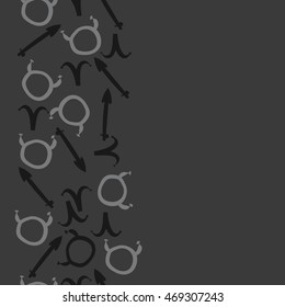 Seamless  vertical pattern of zodiac signs, doodles,  object, taurus,aries,sagittarius , copy space. Hand drawn.