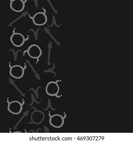 Seamless  vertical pattern of zodiac signs, doodles,  object, taurus,aries,sagittarius , copy space. Hand drawn.