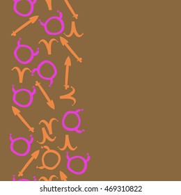 Seamless  vertical pattern of zodiac signs, doodles,  object, taurus,aries,sagittarius , copy space. Hand drawn.