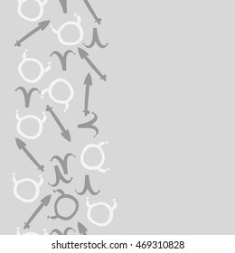Seamless  vertical pattern of zodiac signs, doodles,  object, taurus,aries,sagittarius , copy space. Hand drawn.