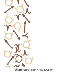 Seamless  vertical pattern of zodiac signs, doodles,  object, taurus,aries,sagittarius , copy space. Hand drawn.