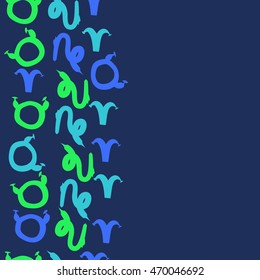 Seamless  vertical pattern of zodiac signs, doodles,  object, taurus,aries,capricorn, copy space. Hand drawn.