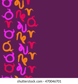 Seamless  vertical pattern of zodiac signs, doodles,  object, taurus,aries,capricorn, copy space. Hand drawn.