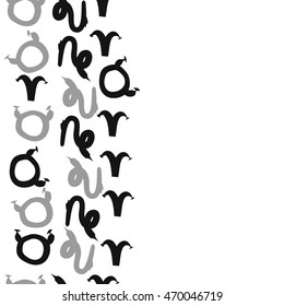 Seamless  vertical pattern of zodiac signs, doodles,  object, taurus,aries,capricorn, copy space. Hand drawn.