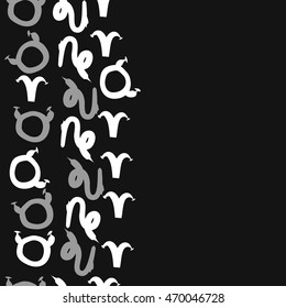 Seamless  vertical pattern of zodiac signs, doodles,  object, taurus,aries,capricorn, copy space. Hand drawn.