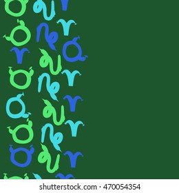 Seamless  vertical pattern of zodiac signs, doodles,  object, taurus,aries,capricorn, copy space. Hand drawn.
