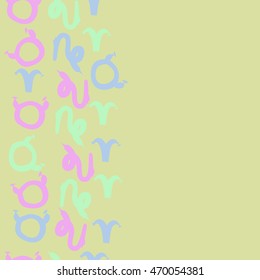 Seamless  vertical pattern of zodiac signs, doodles,  object, taurus,aries,capricorn, copy space. Hand drawn.