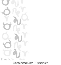 Seamless  vertical pattern of zodiac signs, doodles,  object, taurus,aries,capricorn, copy space. Hand drawn.