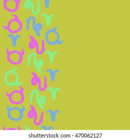 Seamless  vertical pattern of zodiac signs, doodles,  object, taurus,aries,capricorn, copy space. Hand drawn.