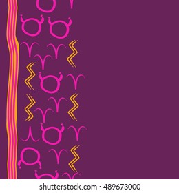 Seamless  vertical pattern of zodiac signs, stripes . Hand drawn.