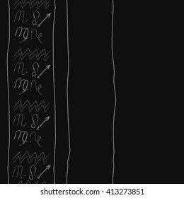 Seamless vertical pattern of zodiac signs,stripes, doodles,lions, capricorn,object,aquarius, virgo,sagittarius,scorpio, copy space. Hand drawn.