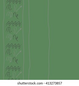 Seamless vertical pattern of zodiac signs,stripes, doodles,lions, capricorn,object,aquarius, virgo,sagittarius,scorpio, copy space. Hand drawn.