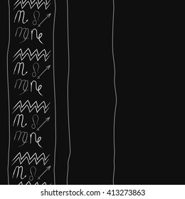 Seamless vertical pattern of zodiac signs,stripes, doodles,lions, capricorn,object,aquarius, virgo,sagittarius,scorpio, copy space. Hand drawn.
