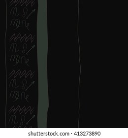 Seamless vertical pattern of zodiac signs,stripes, doodles,lions, capricorn,object,aquarius, virgo,sagittarius,scorpio, copy space. Hand drawn.