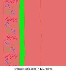 Seamless vertical pattern of zodiac signs,stripes, doodles,lions, capricorn,object,aquarius, virgo,sagittarius,scorpio, copy space. Hand drawn.