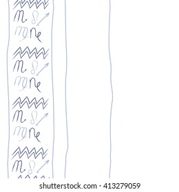 Seamless vertical pattern of zodiac signs,stripes, doodles,lions, capricorn,object,aquarius, virgo,sagittarius,scorpio, copy space. Hand drawn.