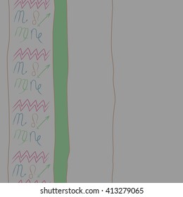Seamless vertical pattern of zodiac signs,stripes, doodles,lions, capricorn,object,aquarius, virgo,sagittarius,scorpio, copy space. Hand drawn.