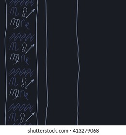 Seamless vertical pattern of zodiac signs,stripes, doodles,lions, capricorn,object,aquarius, virgo,sagittarius,scorpio, copy space. Hand drawn.