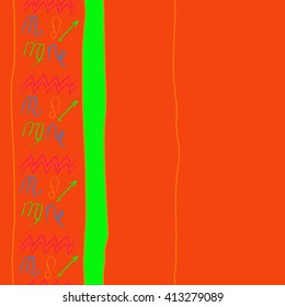Seamless vertical pattern of zodiac signs,stripes, doodles,lions, capricorn,object,aquarius, virgo,sagittarius,scorpio, copy space. Hand drawn.