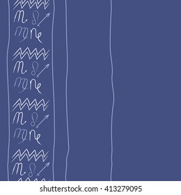 Seamless vertical pattern of zodiac signs,stripes, doodles,lions, capricorn,object,aquarius, virgo,sagittarius,scorpio, copy space. Hand drawn.