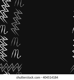 Seamless vertical pattern of zodiac sings, scorpio, aquarius,zigzag, copy space. Hand drawn.
