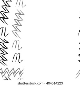 Seamless vertical pattern of zodiac sings, scorpio, aquarius,zigzag, copy space. Hand drawn.