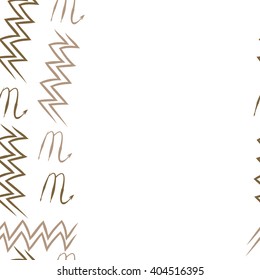 Seamless vertical pattern of zodiac sings, scorpio, aquarius,zigzag, copy space. Hand drawn.