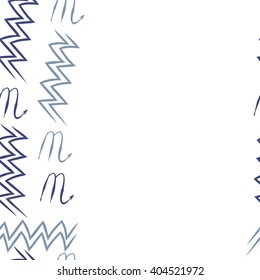 Seamless vertical pattern of zodiac sings, scorpio, aquarius,zigzag, copy space. Hand drawn.