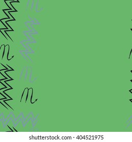 Seamless vertical pattern of zodiac sings, scorpio, aquarius,zigzag, copy space. Hand drawn.